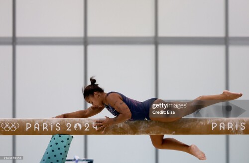 PARIS, FRANCE - JULY 24: Jordan Chiles of the USA practices on the beam during a training session at the Paris-Le Bourget Exhibition Center on July 24, 2024 in Paris, France. (Photo by Elsa/Getty Images)