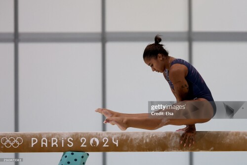 PARIS, FRANCE - JULY 24: Jordan Chiles of the USA practices on the beam during a training session at the Paris-Le Bourget Exhibition Center on July 24, 2024 in Paris, France. (Photo by Elsa/Getty Images)