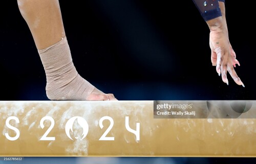 PARIS, FRANCE July 24, 2024-U.S. gymnast Jordan Chiles practices on the beam ahead of the 2024 Olympics in Paris, France Thursday  (Wally Skalij/Los Angeles Times via Getty Images)