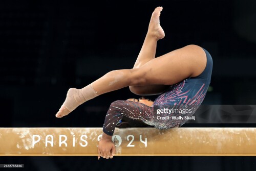 PARIS, FRANCE July 24, 2024-U.S. gymnast Jordan Chiles practices on the beam ahead of the 2024 Olympics in Paris, France Thursday  (Wally Skalij/Los Angeles Times via Getty Images)