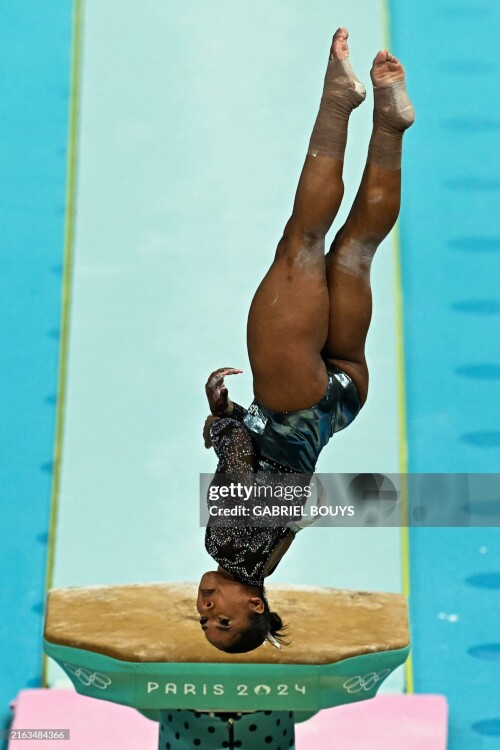 US' Jordan Chiles competes in the vault event of the artistic gymnastics women's qualification during the Paris 2024 Olympic Games at the Bercy Arena in Paris, on July 28, 2024. (Photo by Gabriel BOUYS / AFP) (Photo by GABRIEL BOUYS/AFP via Getty Images)
