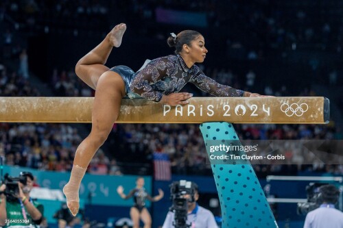 PARIS, FRANCE: JULY 28:  Jordan Chiles of the United States performs her balance beam routine during Artistic Gymnastics, Women's Qualification at the Bercy Arena during the Paris 2024 Summer Olympic Games on July 28th, 2024 in Paris, France. (Photo by Tim Clayton/Corbis via Getty Images)