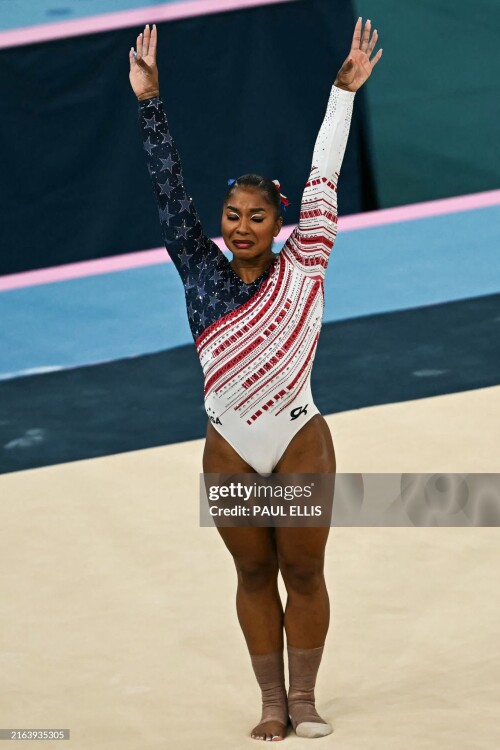 US' Jordan Chiles competes in the floor exercise event of the artistic gymnastics women's team final during the Paris 2024 Olympic Games at the Bercy Arena in Paris, on July 30, 2024. (Photo by Paul ELLIS / AFP) (Photo by PAUL ELLIS/AFP via Getty Images)