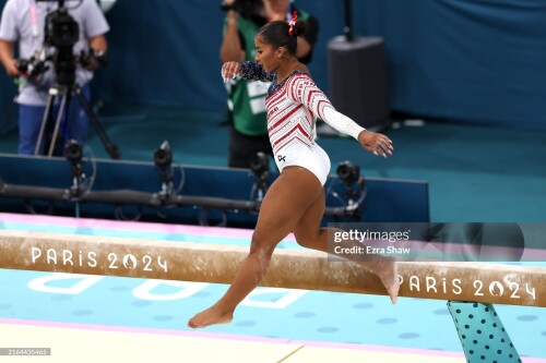 PARIS, FRANCE - JULY 30: Jordan Chiles of Team United States falls while competing on the balance beam during the Artistic Gymnastics Women's Team Final on day four of the Olympic Games Paris 2024 at Bercy Arena on July 30, 2024 in Paris, France. (Photo by Ezra Shaw/Getty Images)