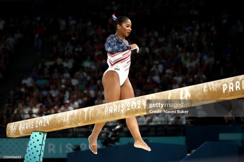 PARIS, FRANCE - JULY 30: Jordan Chiles of Team United States falls while competing on the balance beam during the Artistic Gymnastics Women's Team Final on day four of the Olympic Games Paris 2024 at Bercy Arena on July 30, 2024 in Paris, France. (Photo by Naomi Baker/Getty Images)