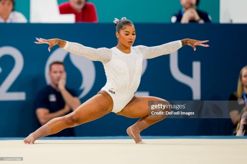 Jordan Chiles of USA competes during the Women's Artistic Gymnastics Floor Exercise Final on Day 10 of the Olympic Games Paris 2024 at Bercy Arena on August 5, 2024 in Paris, France. (Photo by Alex Gottschalk/DeFodi Images via Getty Images)