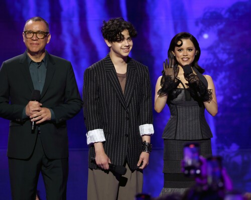 INGLEWOOD, CALIFORNIA - MAY 31: (L-R) Fred Armisen, Isaac Ordonez and Jenna Ortega speak onstage during NETFLIX TUDUM 2025: THE LIVE EVENT at The Kia Forum on May 31, 2025 in Inglewood, California. (Photo by Kevin Mazur/Getty Images for Netflix)