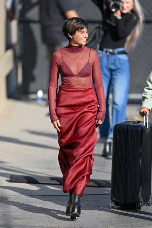 Naomi Scott looks stylish in a maroon outfit as she arrives for an appearance on Jimmy Kimmel Live i