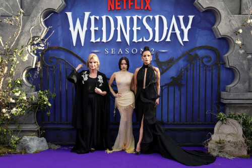 (L to R) Joanna Lumley, Jenna Ortega and Catherine Zeta-Jones attend the Global Premiere of Netflix's 'Wednesday' Season 2, Part 1 at Central Hall Westminster, London on July 30th, 2025. (Photo by StillMoving.Net for Netflix)