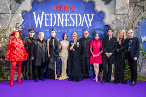(L to R) Joy Sunday, Isaac Ordonez, Luis Guzmn, Catherine Zeta-Jones, Jenna Ortega, Joanna Lumley, Fred Armisen, Emma Myers, Georgie Farmer, Billie Piper and Steve Buscemi attend the Global Premiere of Netflix's 'Wednesday' Season 2, Part 1 at Central Hall Westminster, London on July 30th, 2025. (Photo by StillMoving.Net for Netflix)
