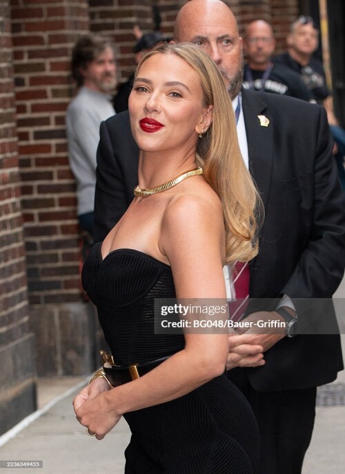NEW YORK, NY - SEPTEMBER 22: Scarlett Johansson is seen arriving at the "The Late Show With Stephen Colbert" on September 22, 2025 in New York City. (Photo by BG048/Bauer-Griffin/GC Images)