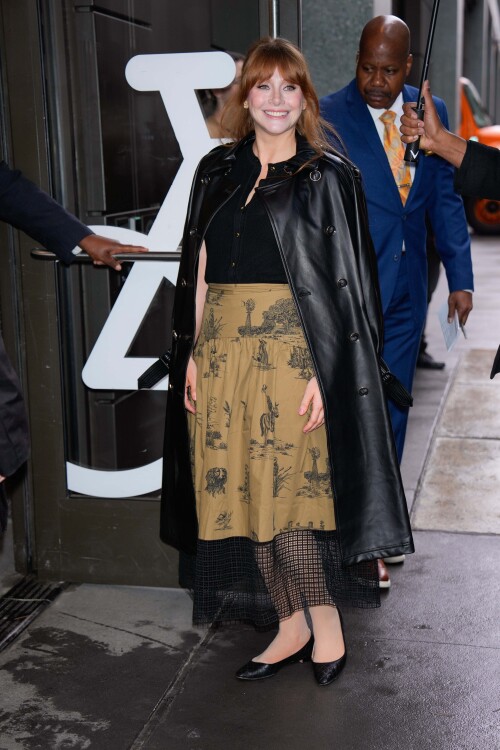04/07/2025 Bryce Dallas Howard is pictured at ABC studios in New York City. The 44 year old American actress wore a white floral sweater under a long pink coat paired with denim jeans and pink heels. Bryce was later spotted in a black top paired with a tan pattern skirtsales@theimagedirect.com Please byline:TheImageDirect.com