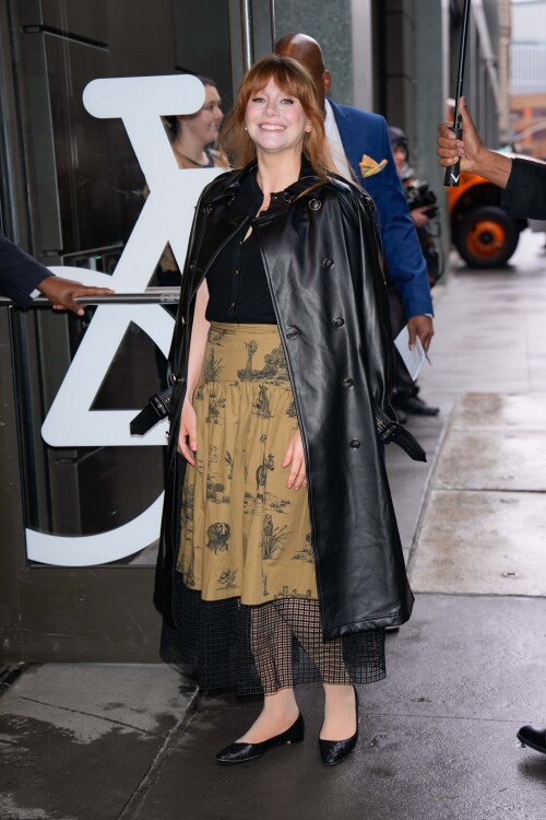 04/07/2025 Bryce Dallas Howard is pictured at ABC studios in New York City. The 44 year old American actress wore a white floral sweater under a long pink coat paired with denim jeans and pink heels. Bryce was later spotted in a black top paired with a tan pattern skirtsales@theimagedirect.com Please byline:TheImageDirect.com