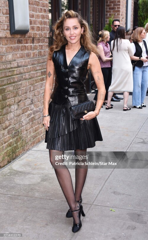 NEW YORK, NY - JUNE 6: Miley Cyrus arrives at the CHANEL Tribeca Festival Women's Luncheon to celebrate the "Through Her Lens" Program on June 06, 2025 in New York City.  (Photo by Patricia Schlein/Star Max/GC Images)
