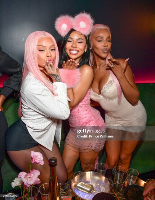 ATLANTA, GEORGIA - OCTOBER 27: (L-R) Latto, Mariah The Scientist, and Chxrry attend Pink Panther Party: Mariah The Scientist's 28th Birthday on October 27, 2025 in Atlanta, Georgia. (Photo by Prince Williams/WireImage)