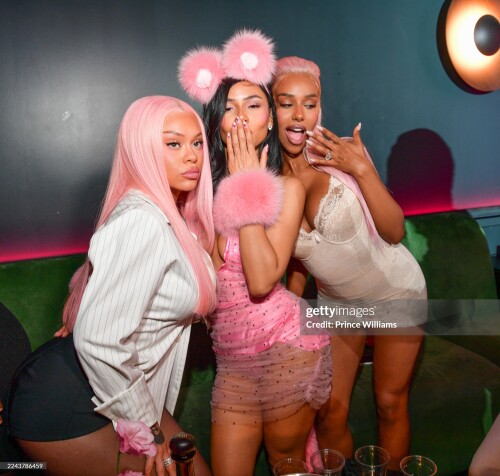 ATLANTA, GEORGIA - OCTOBER 27: (L-R) Latto, Mariah The Scientist, and Chxrry attend Pink Panther Party: Mariah The Scientist's 28th Birthday on October 27, 2025 in Atlanta, Georgia. (Photo by Prince Williams/WireImage)