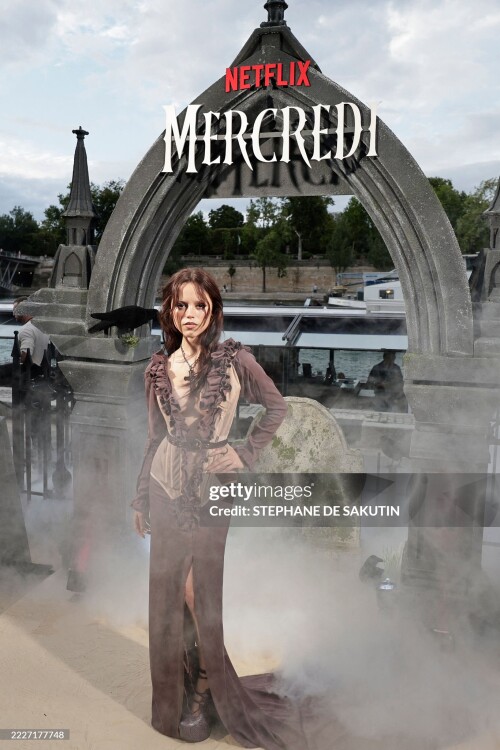 US actress Jenna Ortega poses during the premiere of the second Season of the supernatural mystery Netflix TV series "Wednesday" in Paris on July 31, 2025. (Photo by STEPHANE DE SAKUTIN / AFP) (Photo by STEPHANE DE SAKUTIN/AFP via Getty Images)