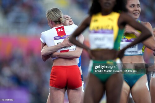 England's Keely Hodgkinson (left) celebrates finishing second in the Women's 800m Final with Scotland's Laura Muir third at Alexander Stadium on day nine of the 2022 Commonwealth Games in Birmingham. Picture date: Saturday August 6, 2022. (Photo by Martin Rickett/PA Images via Getty Images)