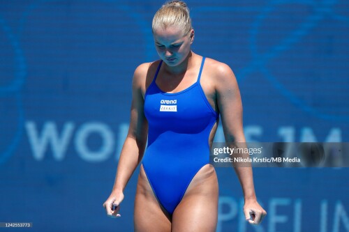 ROME, ITALY - AUGUST 16: Caroline Kupka of Sweden competes in the Women's 1m Springboard Preliminary during the day six of the European Aquatics Championships on August 16, 2022 in Rome, Italy. (Photo by Nikola Krstic/MB Media/Getty Images)