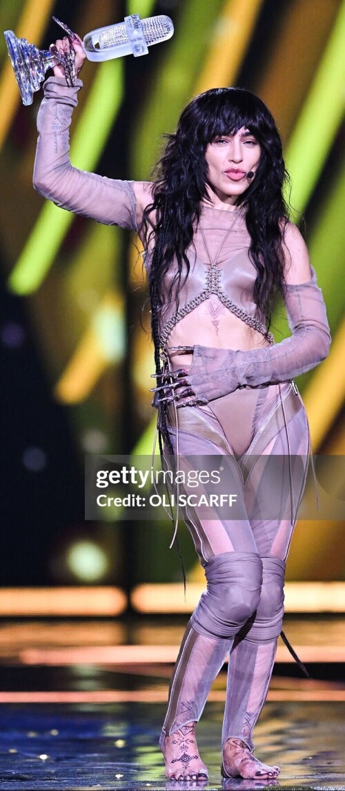 Singer Loreen performing on behalf of Sweden celebrates with the trophy after winning the final of the Eurovision Song contest 2023 on May 14, 2023 at the M&S Bank Arena in Liverpool, northern England. (Photo by Oli SCARFF / AFP) (Photo by OLI SCARFF/AFP via Getty Images)