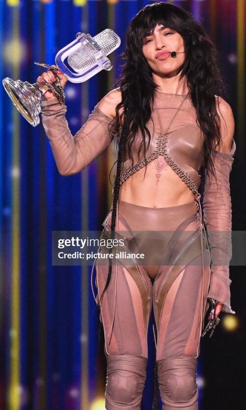 14 May 2023, Great Britain, Liverpool: Loreen from Sweden cheers with the trophy on stage after her victory in the final of the 67th Eurovision Song Contest (ESC) at the M&S Bank Arena. Singer Loreen has won the Eurovision Song Contest for Sweden for the second time after eleven years. Photo: Peter Kneffel/dpa (Photo by Peter Kneffel/picture alliance via Getty Images)