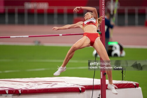 TOKYO, JAPAN August 7:   Marija Vukovic of Montenegro in action in the high jump for women competition during the Track and Field competition at the Olympic Stadium  at the Tokyo 2020 Summer Olympic Games on August 7th, 2021 in Tokyo, Japan. (Photo by Tim Clayton/Corbis via Getty Images)