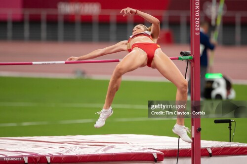 TOKYO, JAPAN August 7:   Marija Vukovic of Montenegro in action in the high jump for women competition during the Track and Field competition at the Olympic Stadium  at the Tokyo 2020 Summer Olympic Games on August 7th, 2021 in Tokyo, Japan. (Photo by Tim Clayton/Corbis via Getty Images)