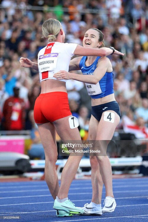 BIRMINGHAM, ENGLAND - AUGUST 06:  Silver medalist Keely Hodgkinson of Team England congratulates bronze medalist Laura Muir of Scotland the Women's 800m Final on day nine of the Birmingham 2022 Commonwealth Games at Alexander Stadium on August 06, 2022 on the Birmingham, England. (Photo by Michael Steele/Getty Images)