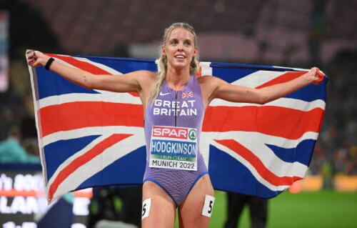 MUNICH, GERMANY - AUGUST 20: Gold medalist Keely Hodgkinson of Great Britain celebrates after the Athletics - Women's 800m Final on day 10 of the European Championships Munich 2022 at Olympiapark on August 20, 2022 in Munich, Germany. (Photo by Matthias Hangst/Getty Images)