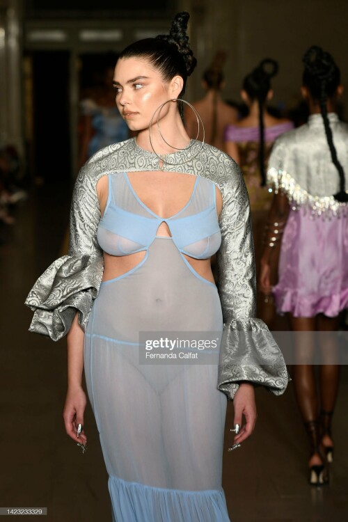 NEW YORK, NEW YORK - SEPTEMBER 12: (EDITORS NOTE: Image contains nudity.)  A model walks the runway for Kim Shui during New York Fashion Week : The Shows at Vanderbilt Hall at Grand Central Terminal on September 12, 2022 in New York City. (Photo by Fernanda Calfat/Getty Images for NYFW: The Shows)