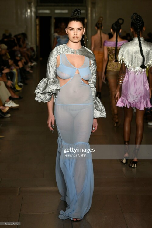 NEW YORK, NEW YORK - SEPTEMBER 12: (EDITORS NOTE: Image contains nudity.)  A model walks the runway for Kim Shui during New York Fashion Week : The Shows at Vanderbilt Hall at Grand Central Terminal on September 12, 2022 in New York City. (Photo by Fernanda Calfat/Getty Images for NYFW: The Shows)