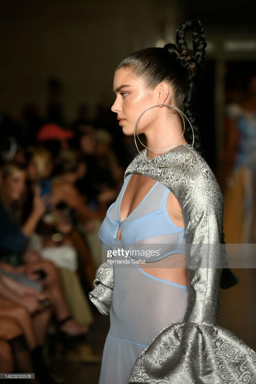 NEW YORK, NEW YORK - SEPTEMBER 12: (EDITORS NOTE: Image contains nudity.)  A model walks the runway for Kim Shui during New York Fashion Week : The Shows at Vanderbilt Hall at Grand Central Terminal on September 12, 2022 in New York City. (Photo by Fernanda Calfat/Getty Images for NYFW: The Shows)