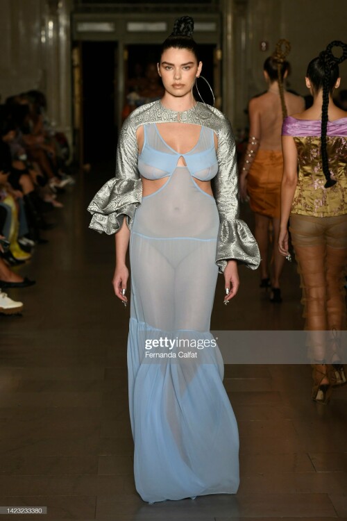 NEW YORK, NEW YORK - SEPTEMBER 12: (EDITORS NOTE: Image contains nudity.)  A model walks the runway for Kim Shui during New York Fashion Week : The Shows at Vanderbilt Hall at Grand Central Terminal on September 12, 2022 in New York City. (Photo by Fernanda Calfat/Getty Images for NYFW: The Shows)