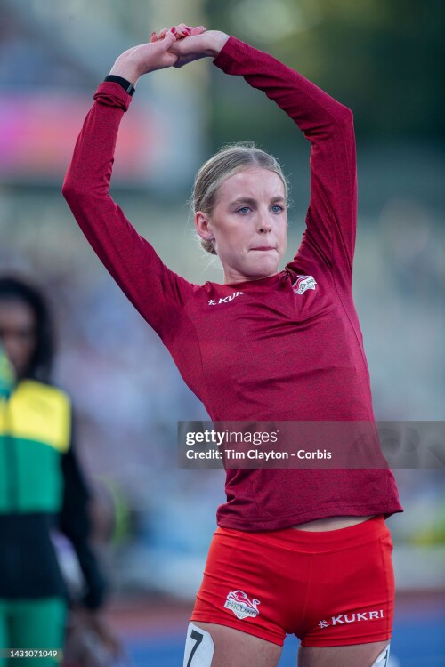 BIRMINGHAM, ENGLAND - AUGUST 6: Keely Hodgkinson of England stretching before the start of the Women's 800m Final during the Athletics competition at Alexander Stadium during the Birmingham 2022 Commonwealth Games on August 6, 2022, in Birmingham, England. (Photo by Tim Clayton/Corbis via Getty Images)