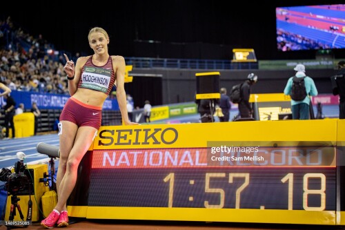 BIRMINGHAM, ENGLAND - FEBRUARY 25: Keely Hodgkinson of Great Britain sets a new National Record in the Women's 800m Final during the World Athletics Indoor Tour - Birmingham at the Utilita Arena on February 25, 2023 in Birmingham, England. (Photo by Sam Mellish/Getty Images)