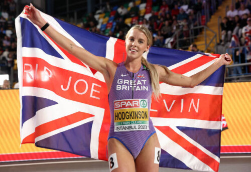 ISTANBUL, TURKEY - MARCH 05: Keely Hodgkinson of Great Britain celebrates after winning the Women's 800m Final during Day 3 of the European Athletics Indoor Championships at the Atakoy Arena on March 05, 2023 in Istanbul, Turkey. (Photo by Alex Livesey/Getty Images for European Athletics)