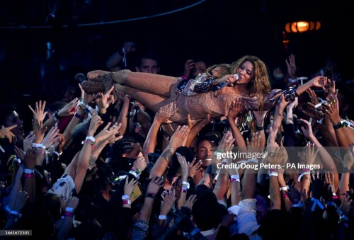 Shakira crowd surfs whilst performing at the MTV Video Music Awards 2023 held at the Prudential Center in Newark, New Jersey. Picture date: Tuesday September 12, 2023. (Photo by Doug Peters/PA Images via Getty Images)