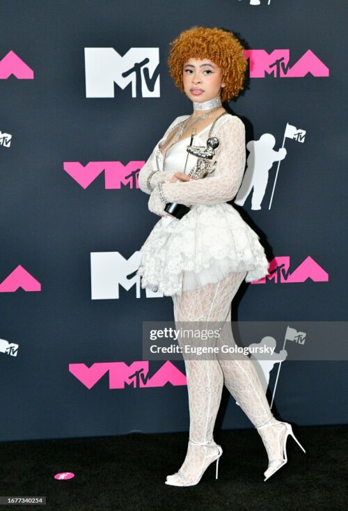 NEWARK, NEW JERSEY - SEPTEMBER 12: Ice Spice poses with the "Best New Artist" Award in the press room at the 2023 MTV Video Music Awards at Prudential Center on September 12, 2023 in Newark, New Jersey. (Photo by Eugene Gologursky/Getty Images for MTV)