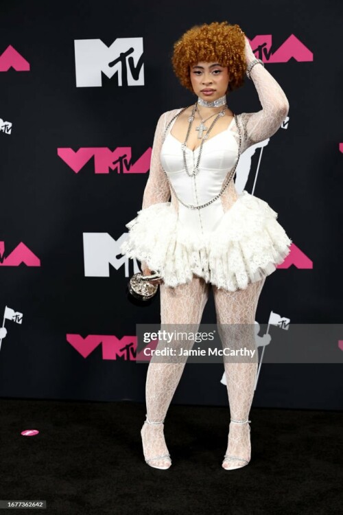 NEWARK, NEW JERSEY - SEPTEMBER 12: Ice Spice poses in the press room at the 2023 MTV Video Music Awards at Prudential Center on September 12, 2023 in Newark, New Jersey. (Photo by Jamie McCarthy/WireImage)