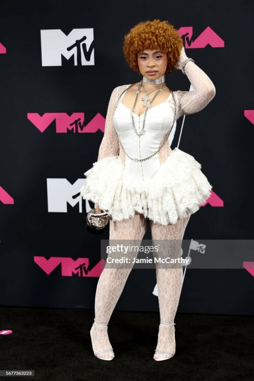 NEWARK, NEW JERSEY - SEPTEMBER 12: Ice Spice poses in the press room at the 2023 MTV Video Music Awards at Prudential Center on September 12, 2023 in Newark, New Jersey. (Photo by Jamie McCarthy/WireImage)
