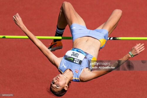 EUGENE, OREGON - SEPTEMBER 17: Angelina Topi of Serbia competes in the Women's High Jump  during the 2023 Prefontaine Classic and Wanda Diamond League Final at Hayward Field on September 17, 2023 in Eugene, Oregon. (Photo by Ali Gradischer/Getty Images)