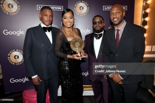 BEVERLY HILLS, CALIFORNIA - SEPTEMBER 21: (L-R) BMAC Co-Founder Shawn Holiday, BMAC Honoree of the Social Impact Award, Keke Palmer, BMAC Co-Founder and Chairman Willie "Prophet" Stiggers and BMAC board member Courtney Stewart attend the BMAC Gala presented by Live Nation at The Beverly Hilton on September 21, 2023 in Beverly Hills, California. (Photo by Johnny Nunez/Getty Images for Black Music Action Coalition)