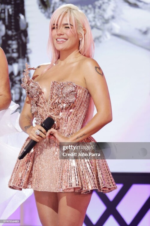 SEVILLE, SPAIN - NOVEMBER 16: Karol G speaks onstage at The 24th Annual Latin Grammy Awards on November 16, 2023 in Seville, Spain. (Photo by John Parra/Getty Images for Latin Recording Academy)