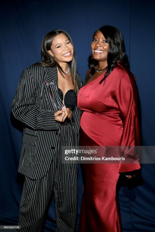 NEW YORK, NEW YORK - NOVEMBER 29: (L-R) Storm Reid and Charlene Masona attend the 2023 Footwear News Achievement Awards at Cipriani South Street on November 29, 2023 in New York City. (Photo by Dimitrios Kambouris/Footwear News via Getty Images)