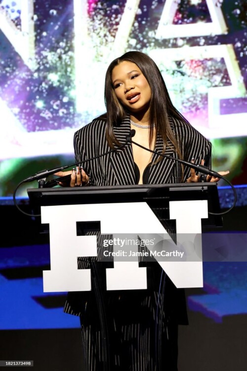 NEW YORK, NEW YORK - NOVEMBER 29: Storm Reid accepts the Style Influencer of the Year Award onstage during the 2023 Footwear News Achievement Awards at Cipriani South Street on November 29, 2023 in New York City. (Photo by Jamie McCarthy/Footwear News via Getty Images)
