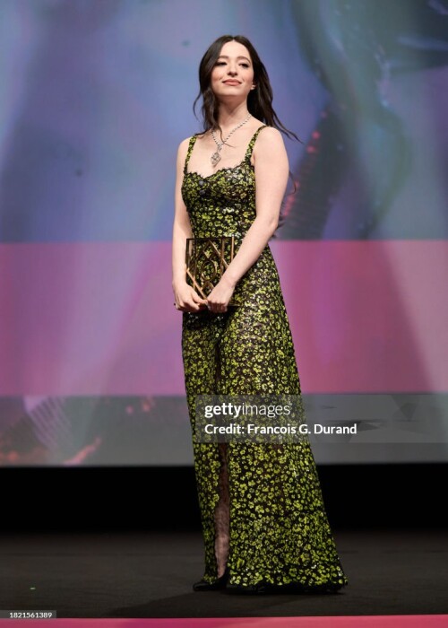 DEAUVILLE, FRANCE - SEPTEMBER 12: Mikey Madison receives the Hollywood Rising Star Award at the "Anora" premiere during the 50th Deauville American Film Festival on September 12, 2024 in Deauville, France. (Photo by Francois G. Durand/Getty Images)