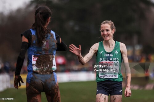 BRUSSELS, BELGIUM - DECEMBER 10: Nadia Battocletti of Iatly celebrates with Fionnuala McCormack of Ireland after finishing second at the Senior Women's race during the SPAR European Cross Country Championships 2023 on December 10, 2023 in Brussels, Belgium. (Photo by Maja Hitij/Getty Images for European Athletics)