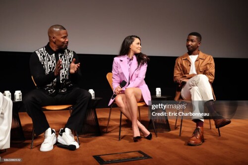 LOS ANGELES, CALIFORNIA - DECEMBER 17: (EXCLUSIVE COVERAGE)  Actor/Producer Jamie Foxx, Jurnee Smollett and Mamoudou Athie seen at THE BURIAL Special Screening at Linwood Dunn Theater on December 17, 2023 in Los Angeles, California. (Photo by Eric Charbonneau/Getty Images for Amazon)