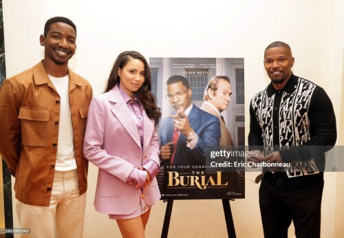 LOS ANGELES, CALIFORNIA - DECEMBER 17: (EXCLUSIVE COVERAGE)  Mamoudou Athie,  Jurnee Smollett and Actor/Producer Jamie Foxx seen at THE BURIAL Special Screening at Linwood Dunn Theater on December 17, 2023 in Los Angeles, California. (Photo by Eric Charbonneau/Getty Images for Amazon)