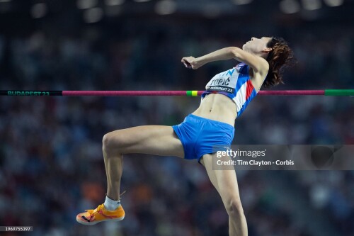 BUDAPEST, HUNGARY: August 27: Angelina Topic of Serbia in action in the Women's High Jump Final during the World Athletics Championships, at the National Athletics Centre on August 27th, 2023 in Budapest, Hungary. (Photo by Tim Clayton/Corbis via Getty Images)